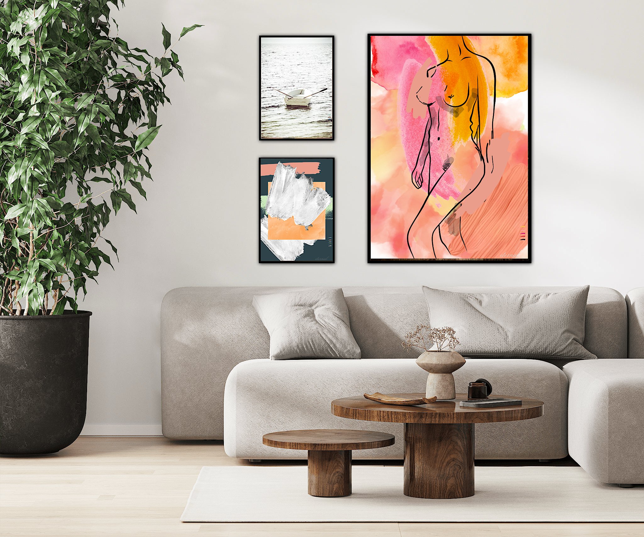 Living room with a large gray couch, framed wall art including a watercolor nude, and a large plant in a black pot.