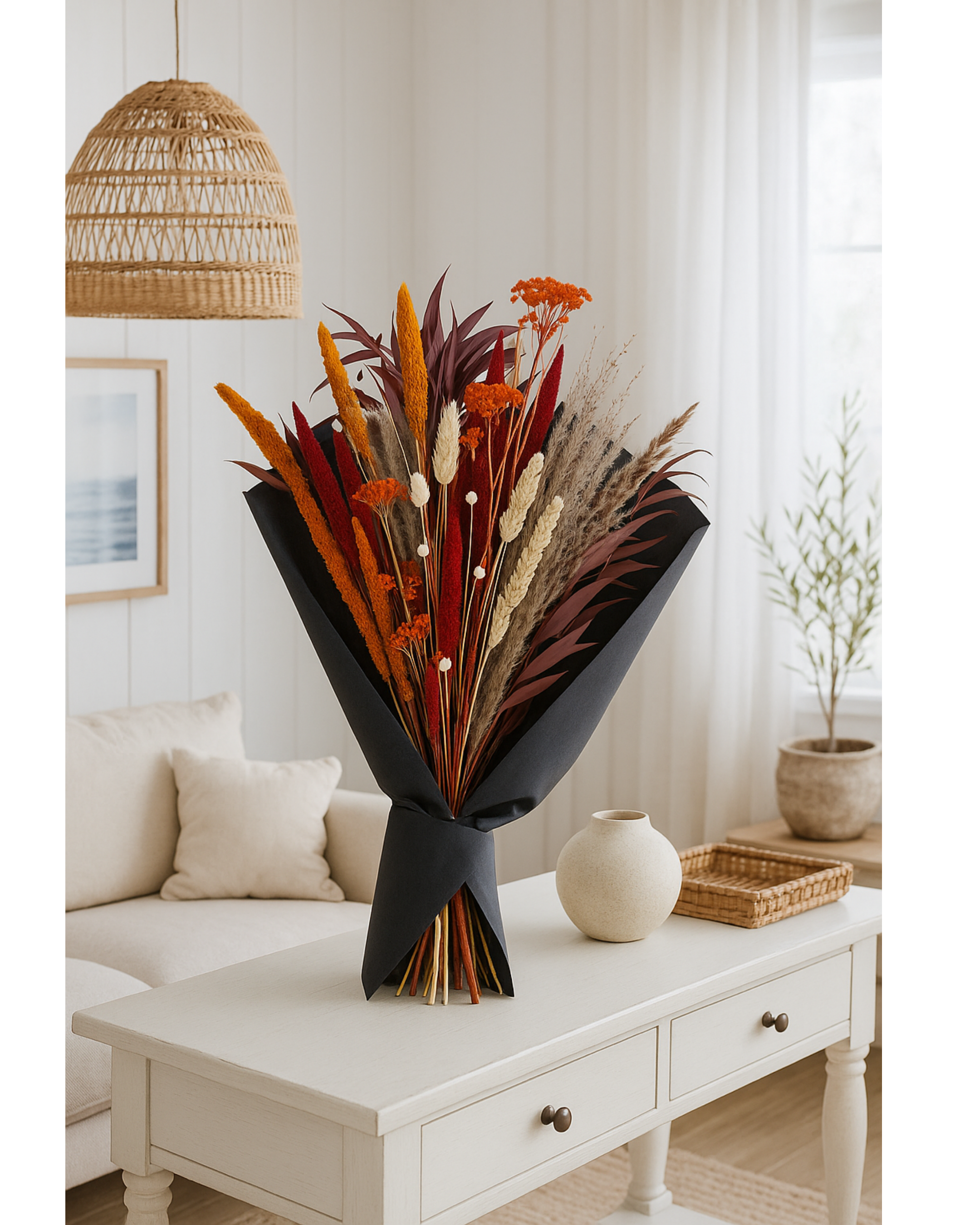 Crimson Harvest Bouquet Wrapped - Eternal Stems. Handcrafted dried & preserved arrangement - Eternal Art & Design