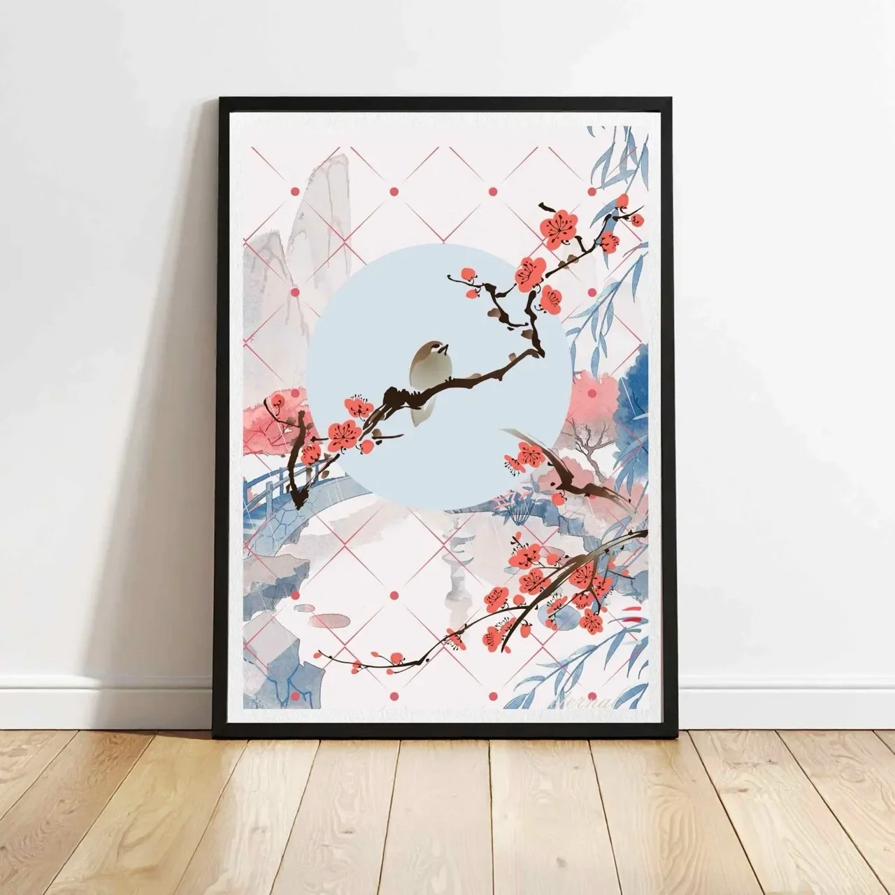 Cherry Blossom with Landscape with Birds Wall Art Print, Eternal Art Prints
