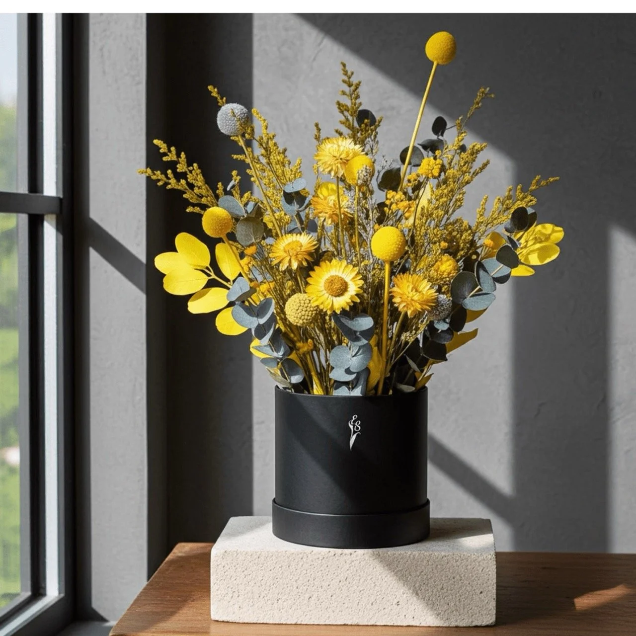 Medium Yellow & Blue Dried & Preserved Flower Bouquet - Everlasting Table Centrepiece (30cm) - Handcrafted dried & preserved arrangement Sydney