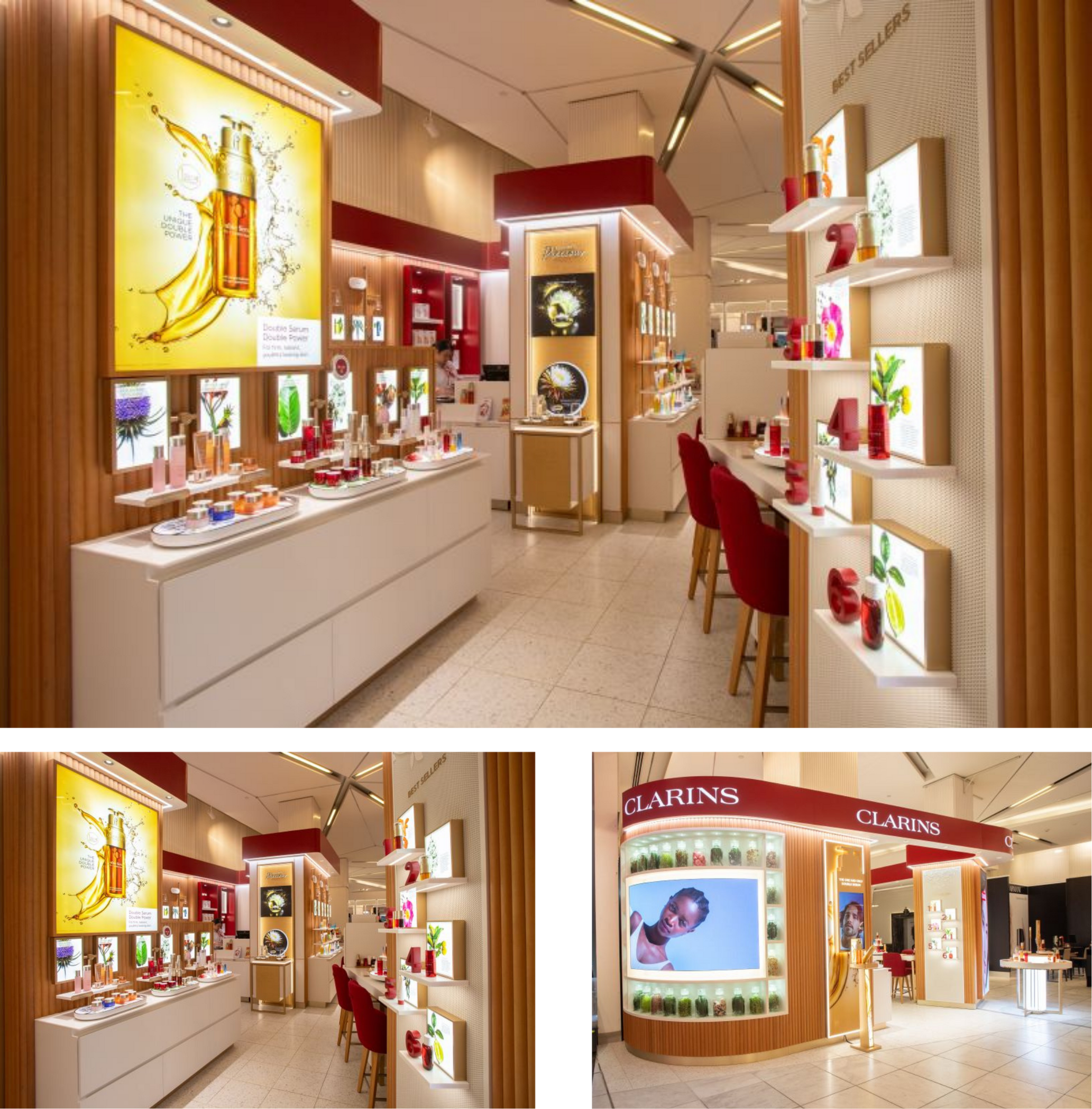 Display of skincare products at a beauty store, with shelves and makeup chairs, featuring brand signage for Clarins and a large digital screen showing a woman's face.