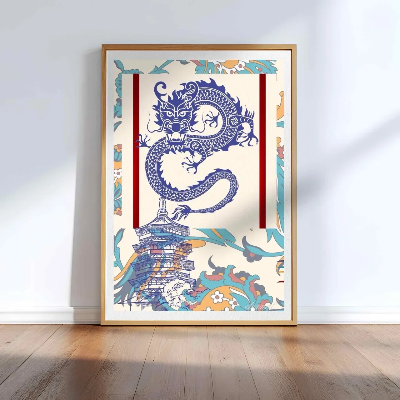 Oriental Dragon and Temple Wall Art Print, Eternal Art Prints