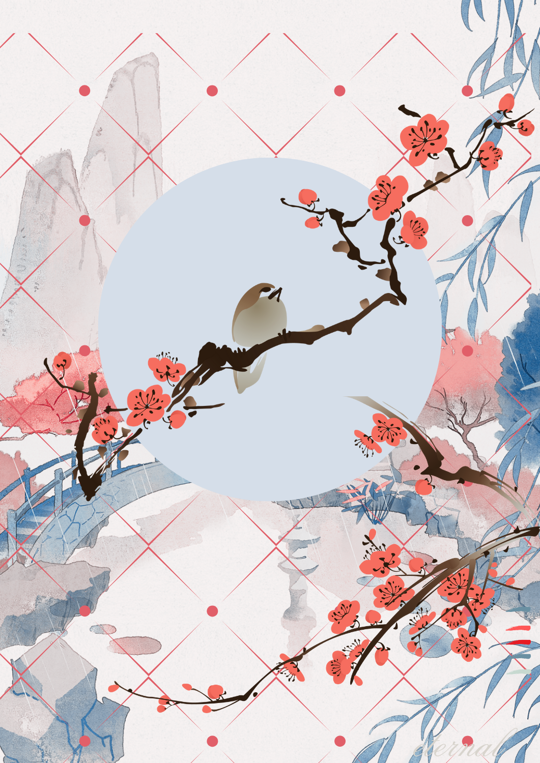 Cherry Blossom with Landscape with Birds Wall Art Print, Eternal Art & Design - Eternal Art & Design