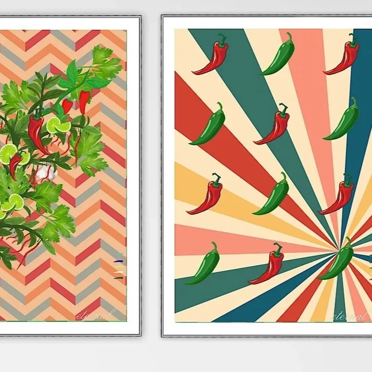Two framed artworks hanging side by side. The left artwork depicts a plant with green leaves, red chili peppers, and lime slices on a geometric, colorful background. The right artwork features a radial pattern with red and green chili peppers scattered across it.