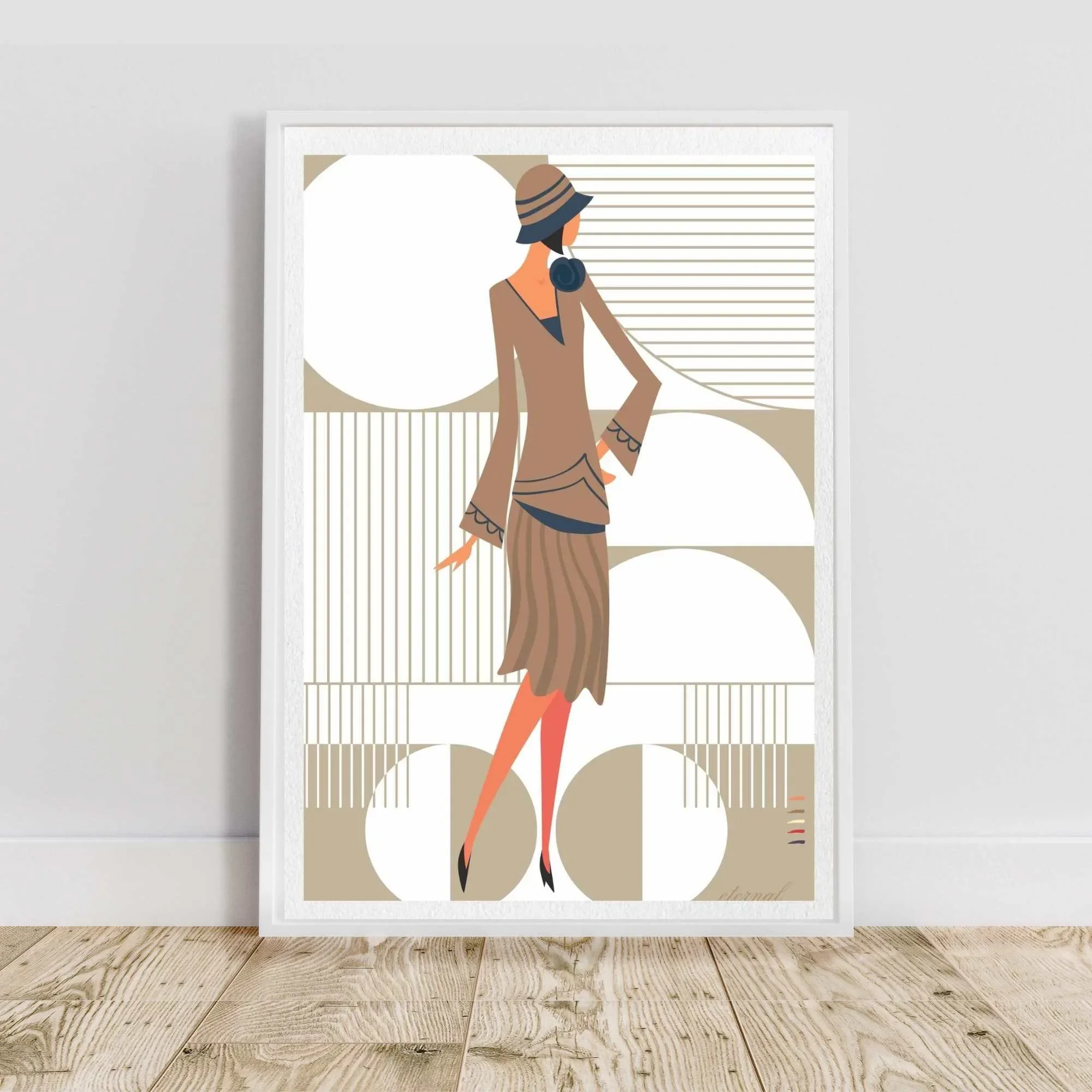 Glamorous 1920s Woman in Beige Art Deco Print