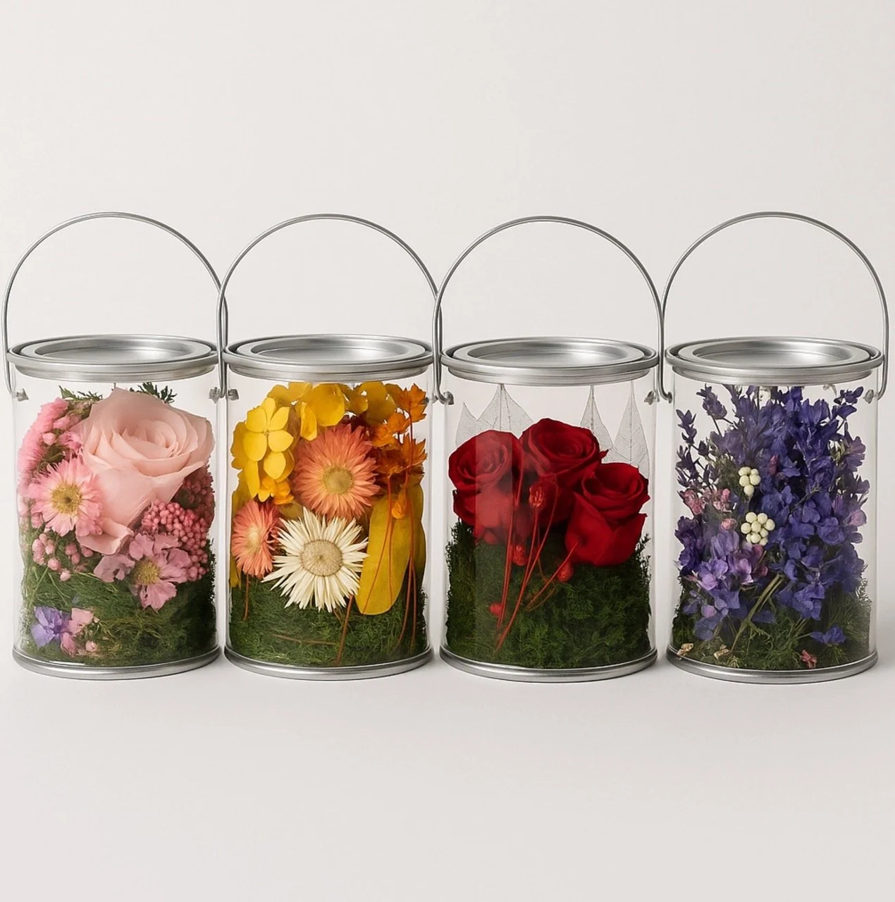 "Love Bud" Dried Flower Gift Set (4 Tins) - Pink Red Yellow Purple Florals & Mosses - Eternal Art & Design Sydney - Eternal Art & Design