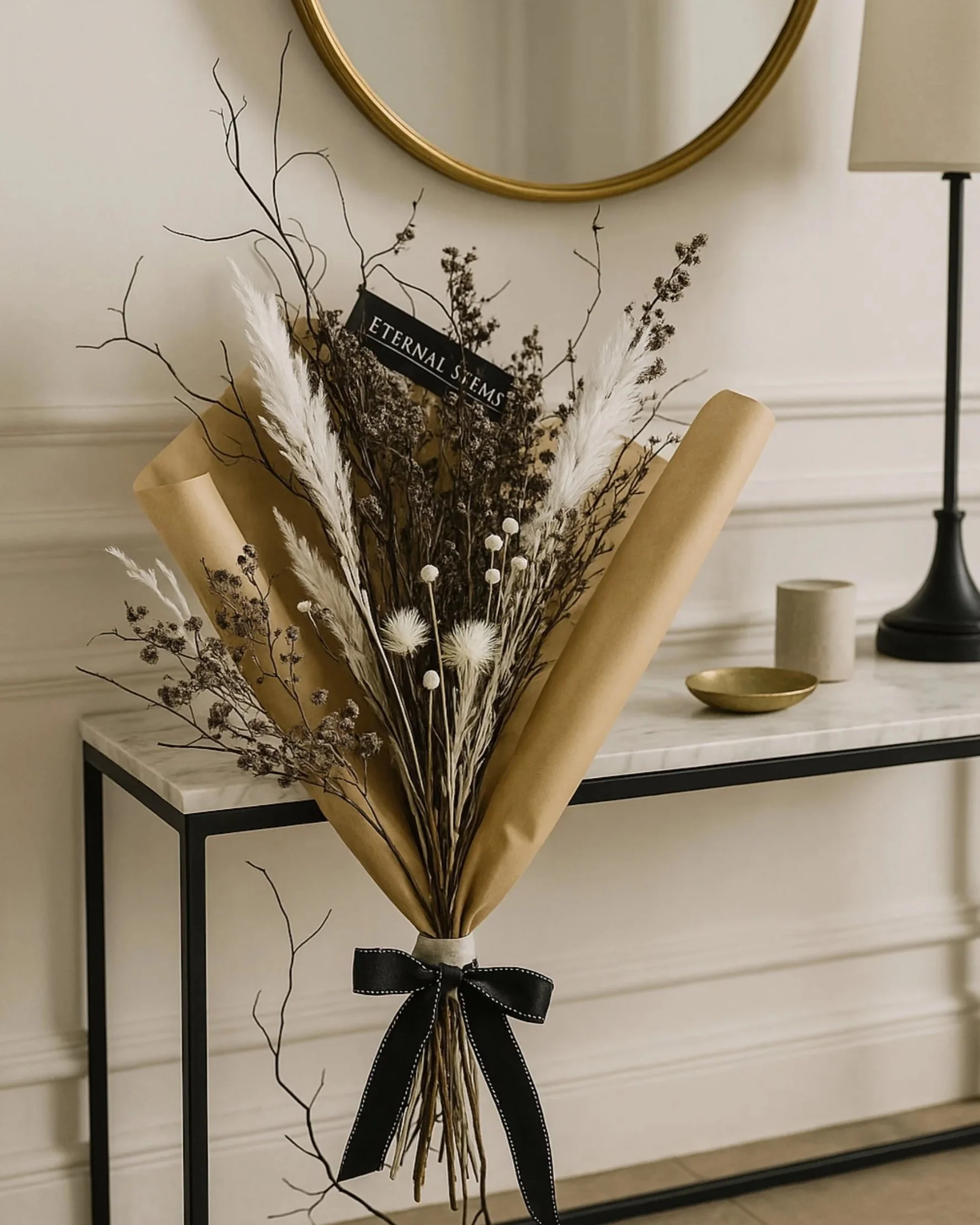 Frosted Noir Bouquet Wrapped - Eternal Stems. Handcrafted dried & preserved arrangement