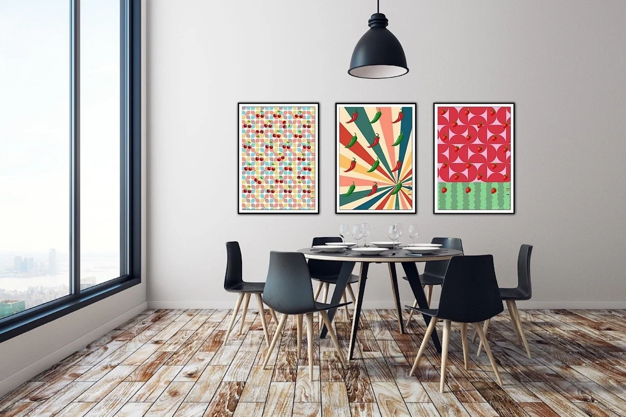 Dining Room with colorful wall art featuring chili peppers, a vintage cocktail poster, and a plant, with a sink, bottles, and vegetables on the countertop. Artworks by Eternal Art & Design
