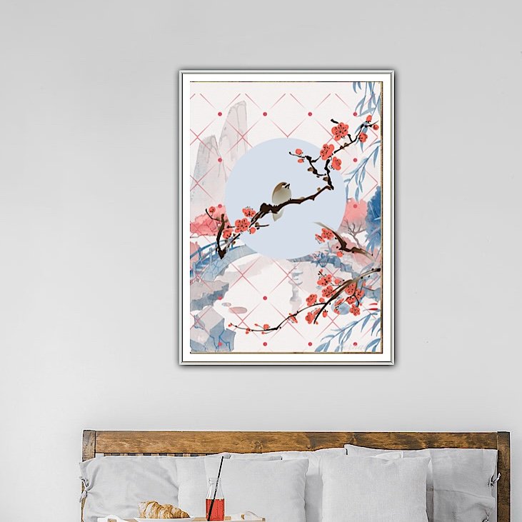 Cherry Blossom with Landscape with Birds Wall Art Print, Eternal Art & Design - Eternal Art & Design
