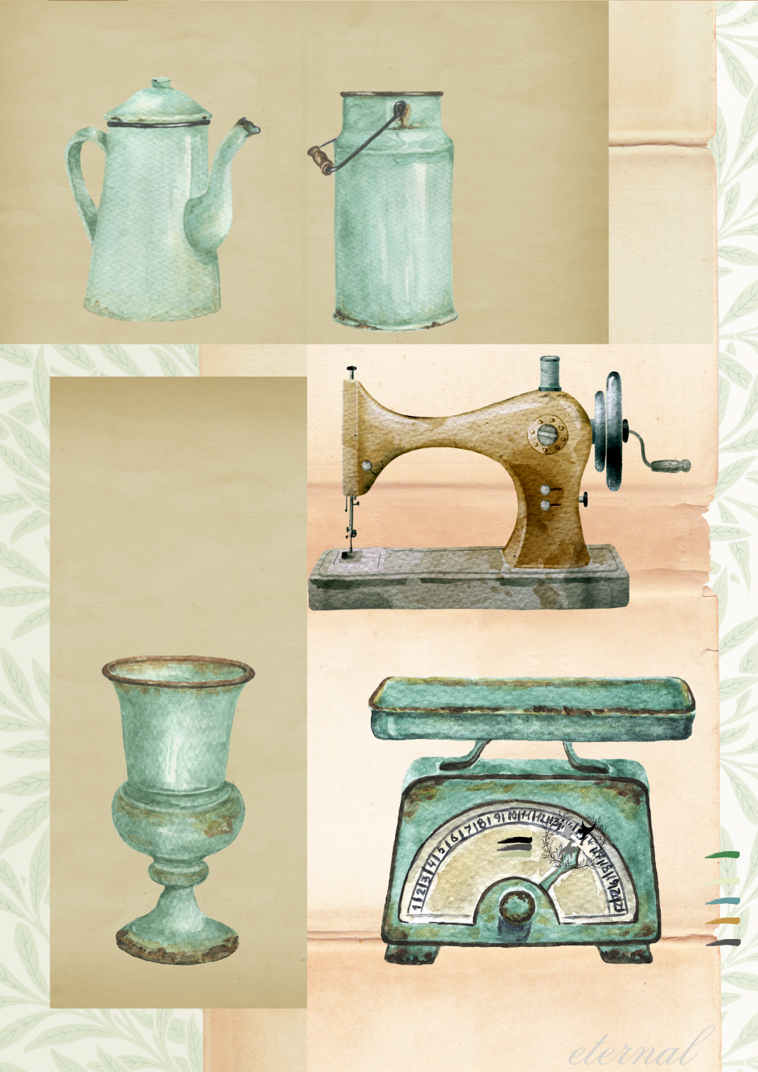 Vintage Decor Objects in Green Art Print, Eternal Art Prints
