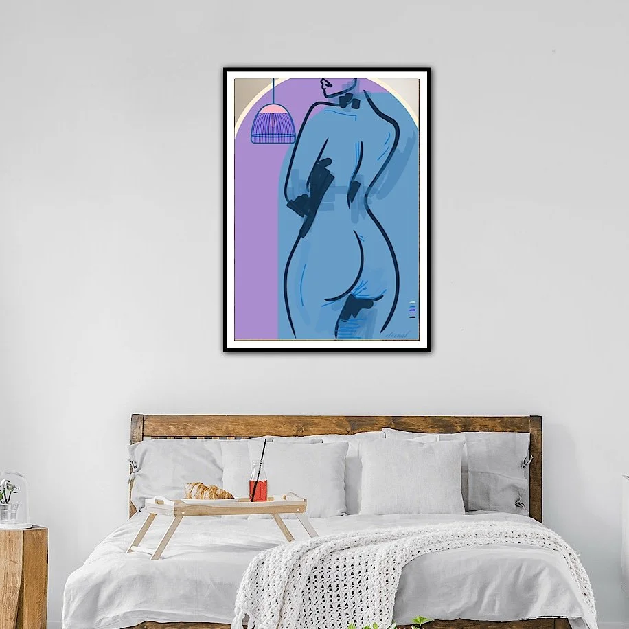Framed abstract artwork of a stylized female nude figure in shades of blue hanging above a bed in a minimalist bedroom.