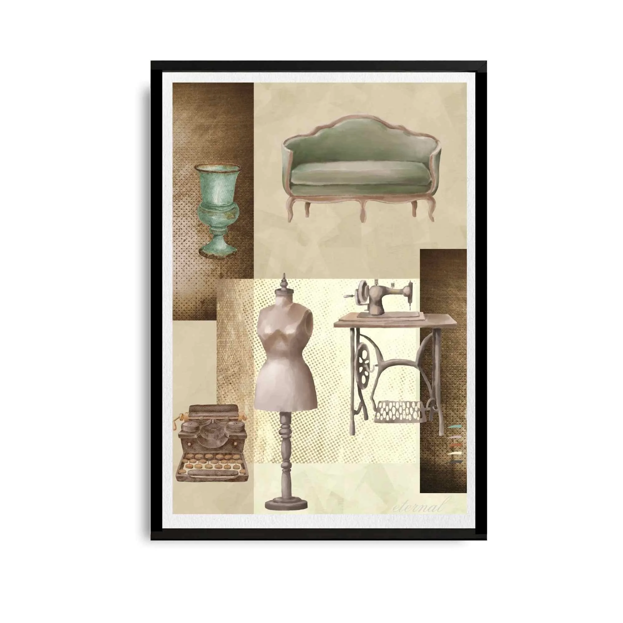 Vintage Decor Objects in Brown with Mannequin Wall Art Print, Eternal Art Prints - Eternal Art & Design