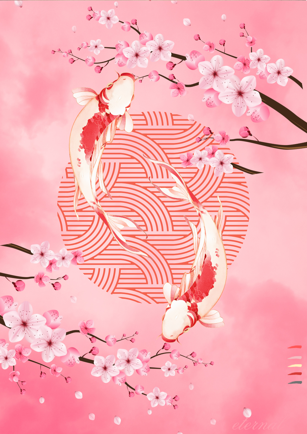 Oriental Cherry Blossoms and Koi Wall Art Print, Eternal Art & Design - Eternal Art & Design