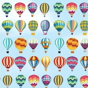 Multiple colorful hot air balloons floating in the sky, arranged in a grid pattern on a light blue background.