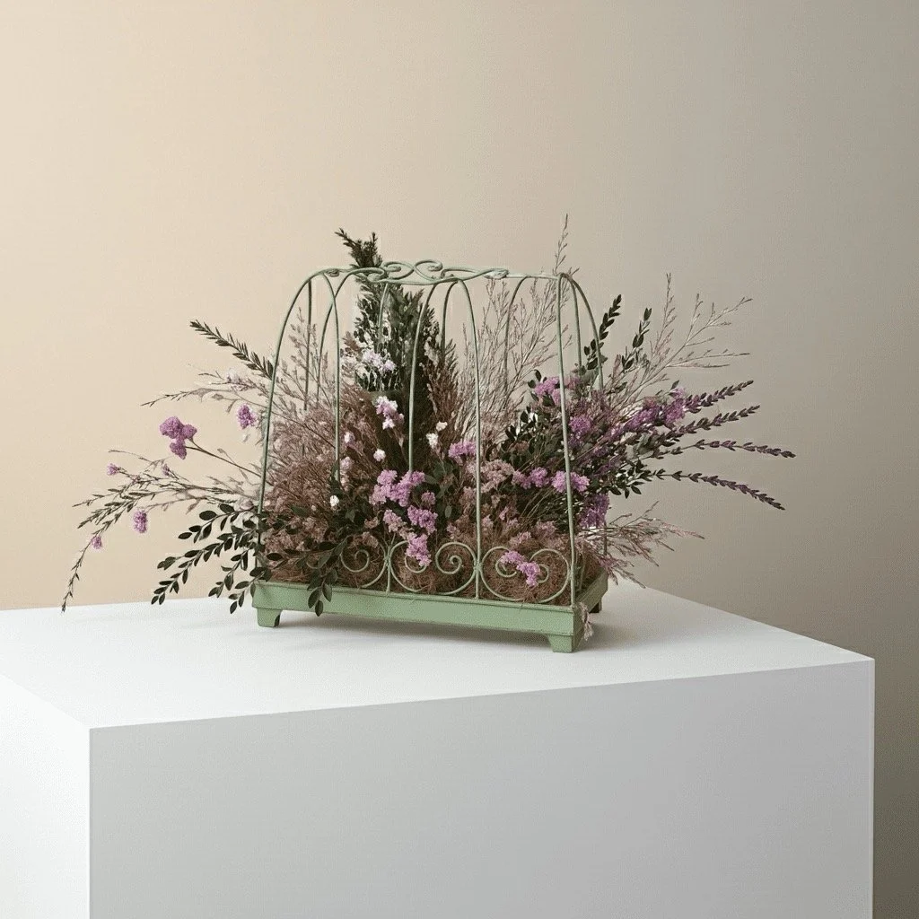 French-Inspired Dried Floral Centrepiece - Pink & Purple Lavender arrangement in Willow & Silk 'Handbag' Conservatory Style Planter - Eternal Art & Design Sydney - Eternal Art & Design