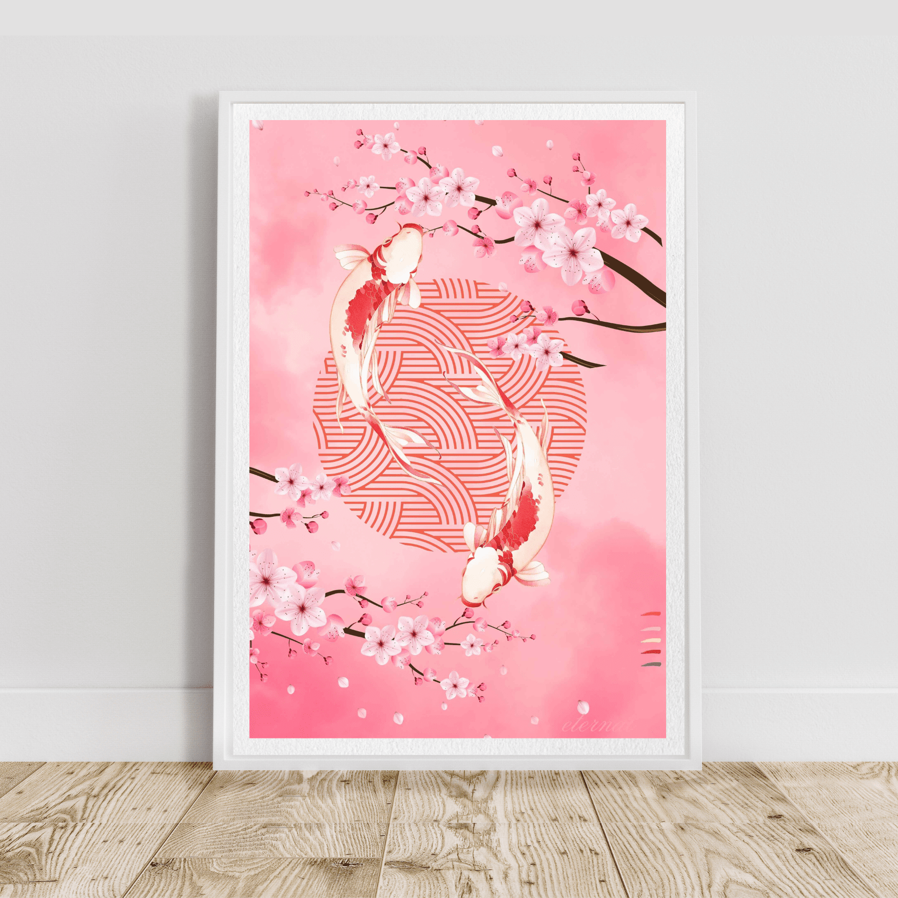 Oriental Cherry Blossoms and Koi Wall Art Print, Eternal Art Prints