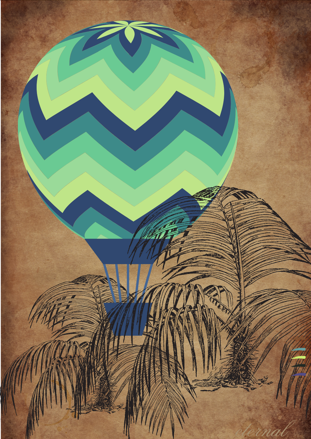 Hot Air Balloon in Sepia with Palm Art Print , Eternal Art Prints