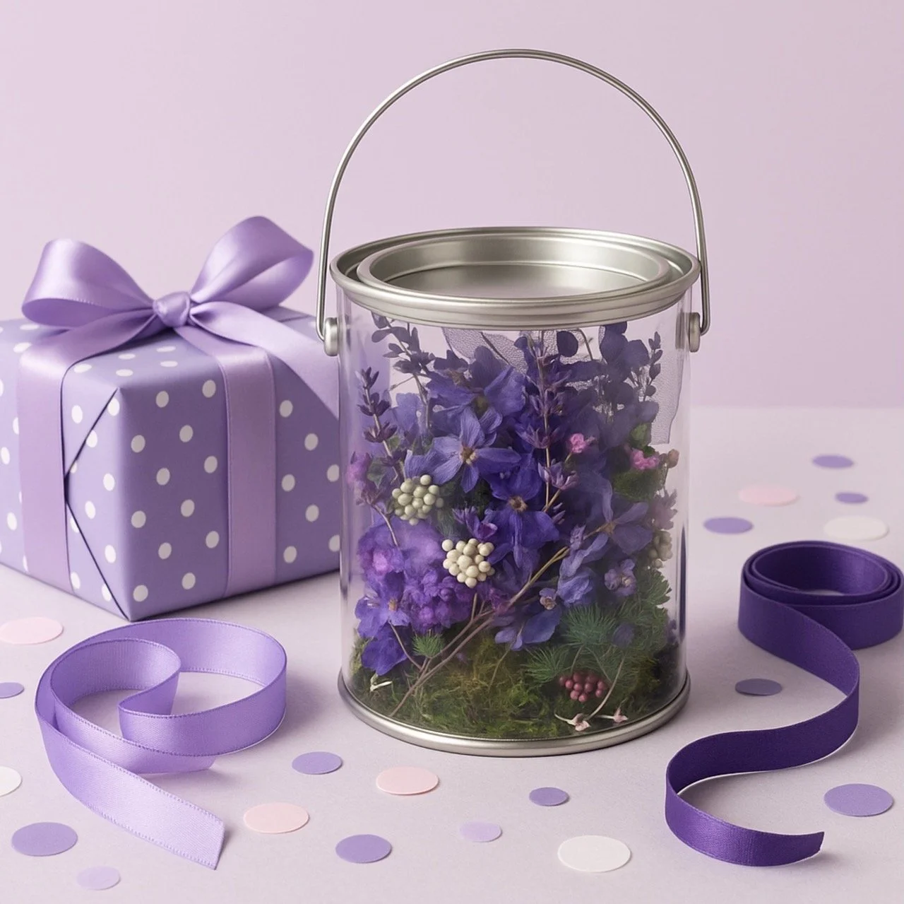 "Love Bud" Dried Flower Gift Tin - Purple Florals & Forest Mosses (12.5cm) - Eternal Art & Design Sydney - Eternal Art & Design