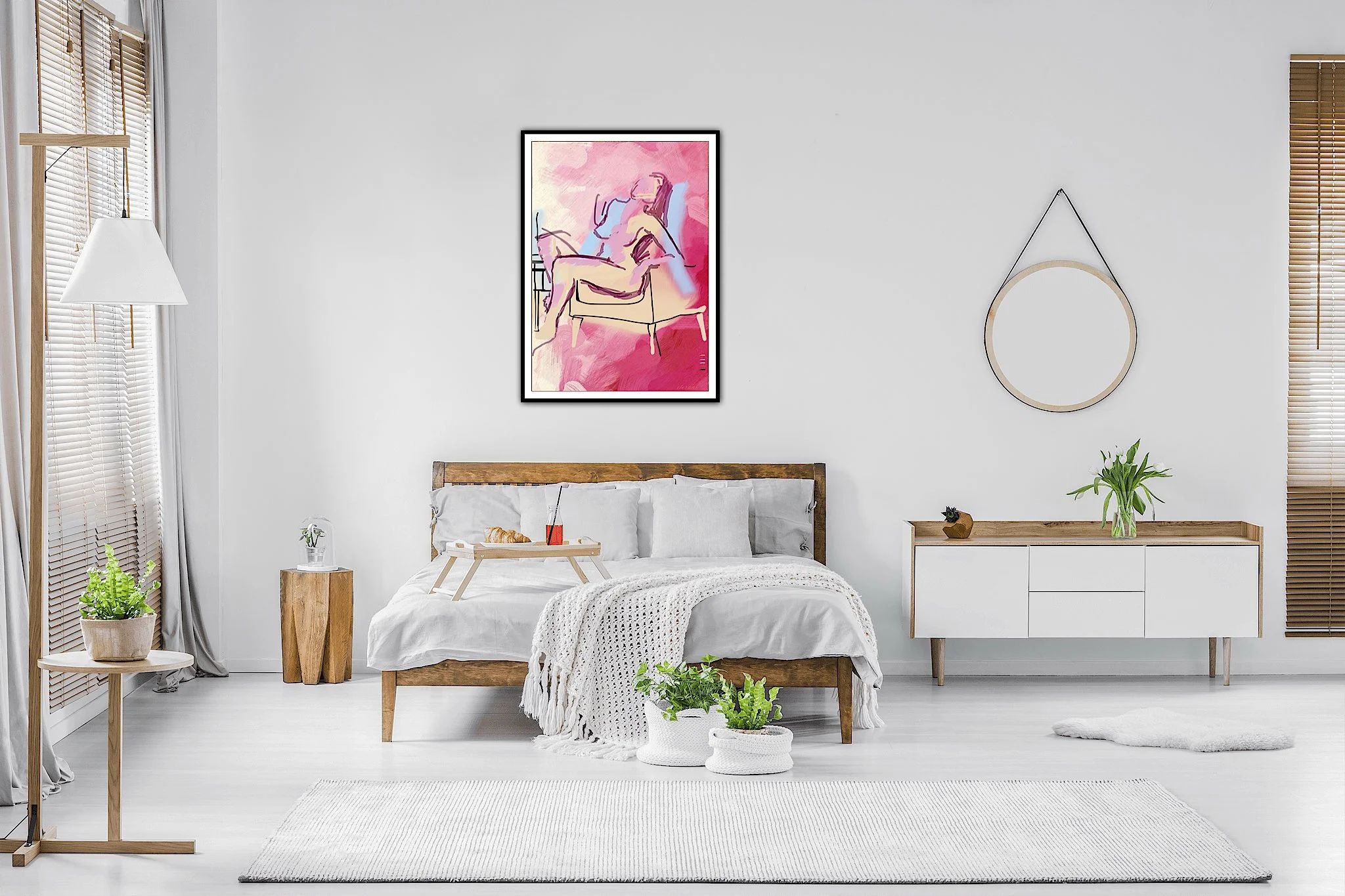 Minimalist bedroom with a wooden bed, white bedding, a painting of a reclining figure above, a round mirror on the wall, and various green plants.