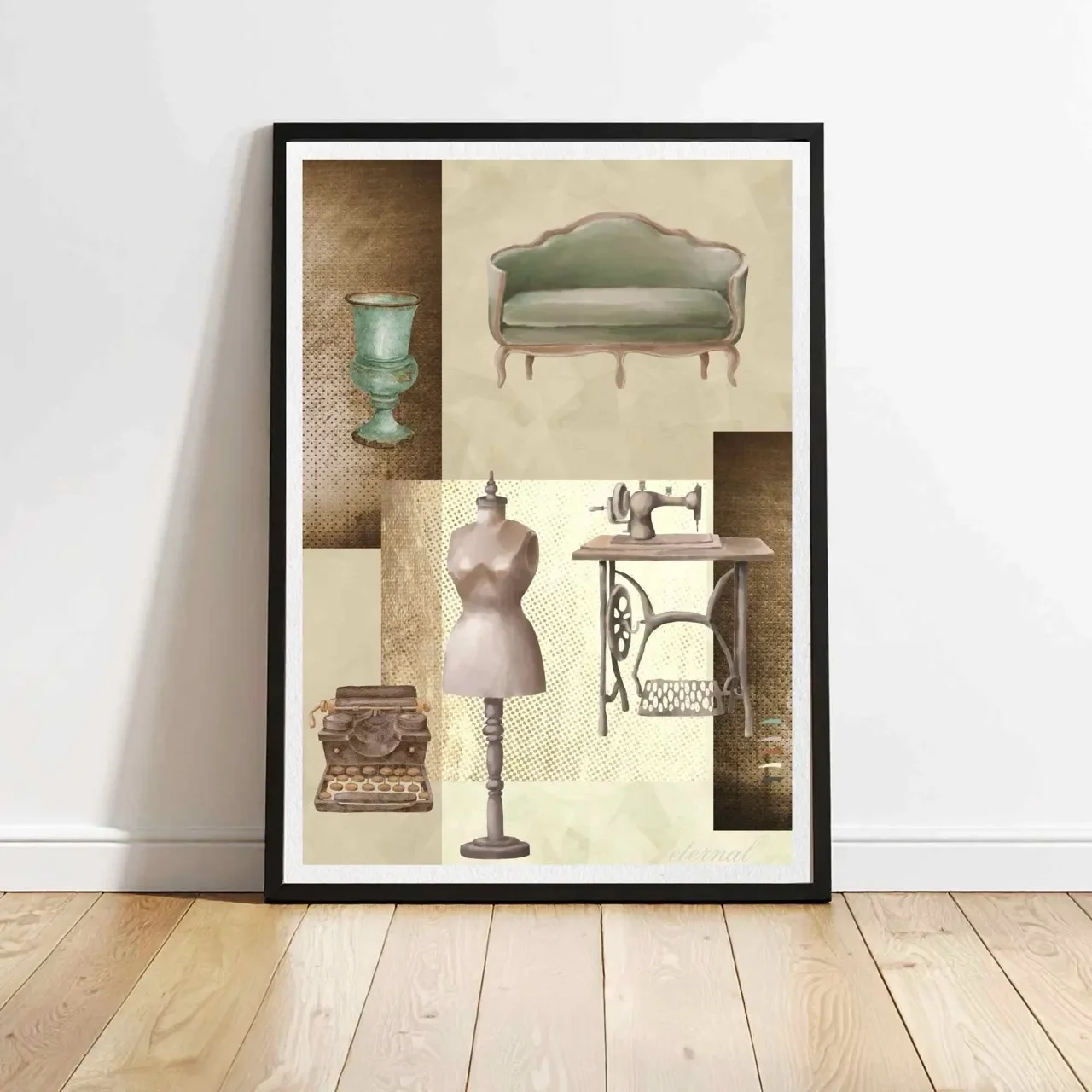 Vintage Decor Objects in Brown with Mannequin Wall Art Print, Eternal Art Prints