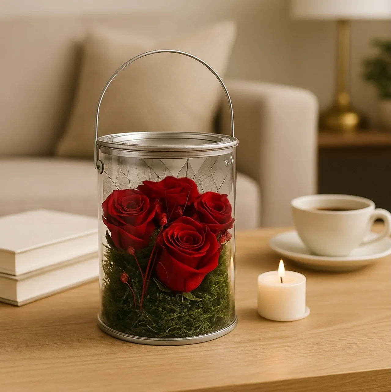 "Love Bud" Dried Flower Gift Tin - Red Florals & Forest Mosses (12.5cm) - Eternal Art & Design Sydney