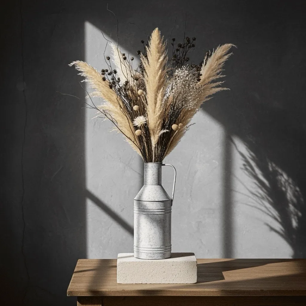 95cm Tall Vintage Dried Floral Arrangement - Black & White Monochrome Decor