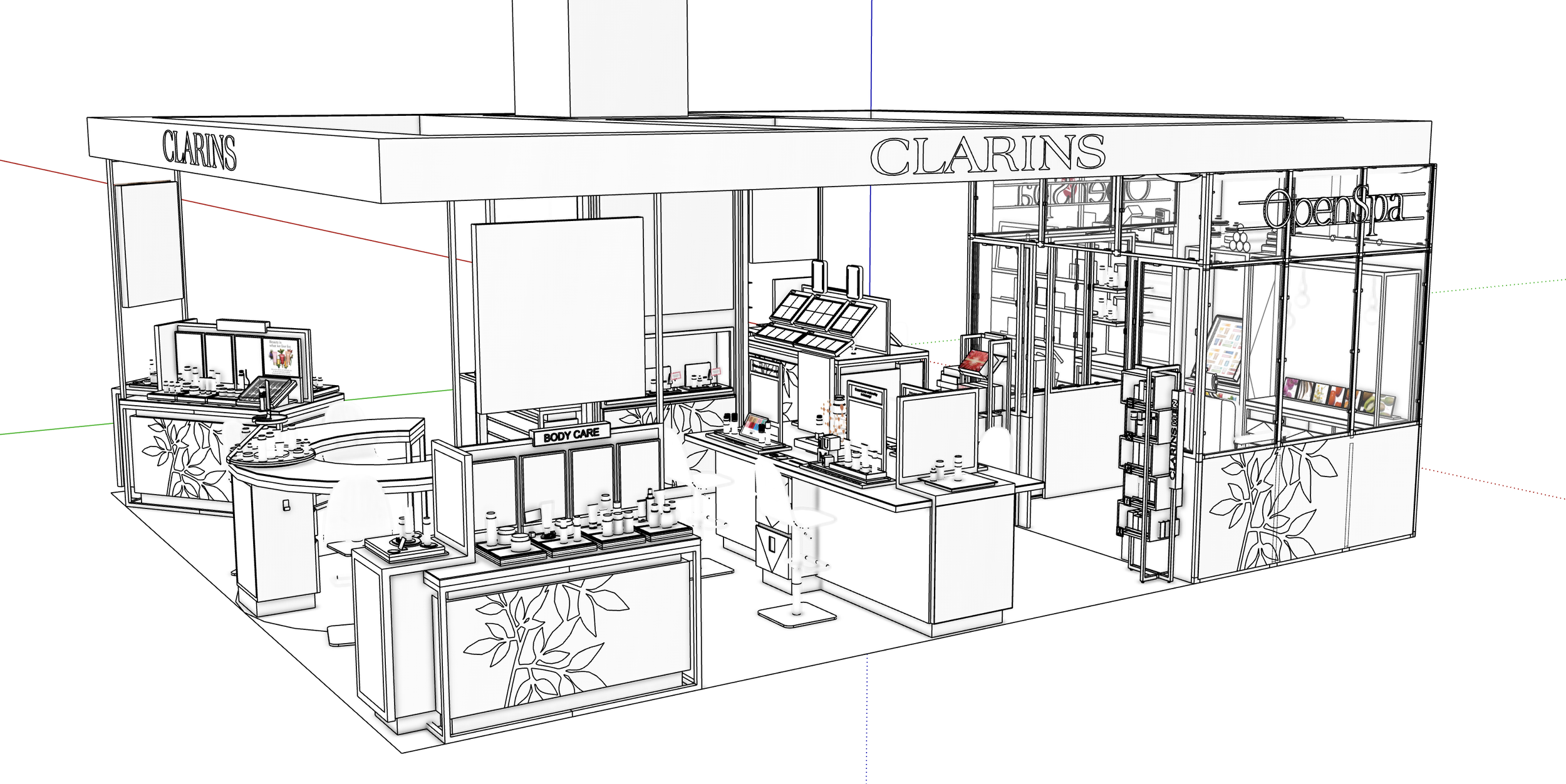 Line drawing of a retail store with signage for Clarins and a Spa, featuring display shelves and counters.