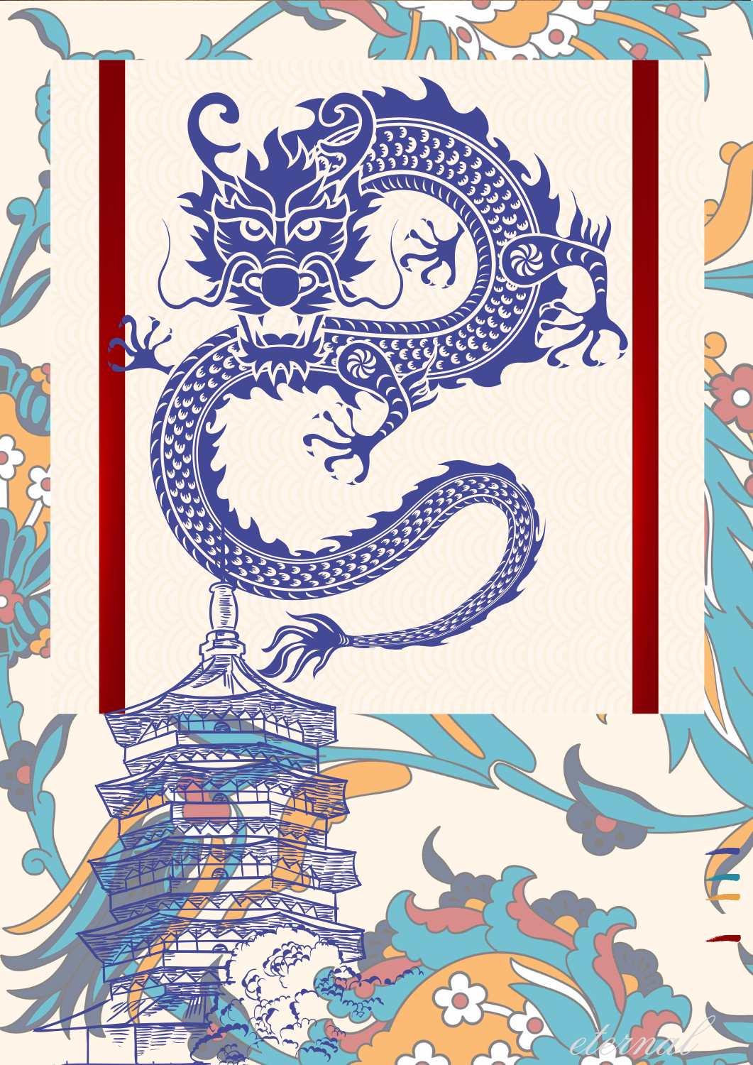 Oriental Dragon and Temple Wall Art Print, Eternal Art Prints