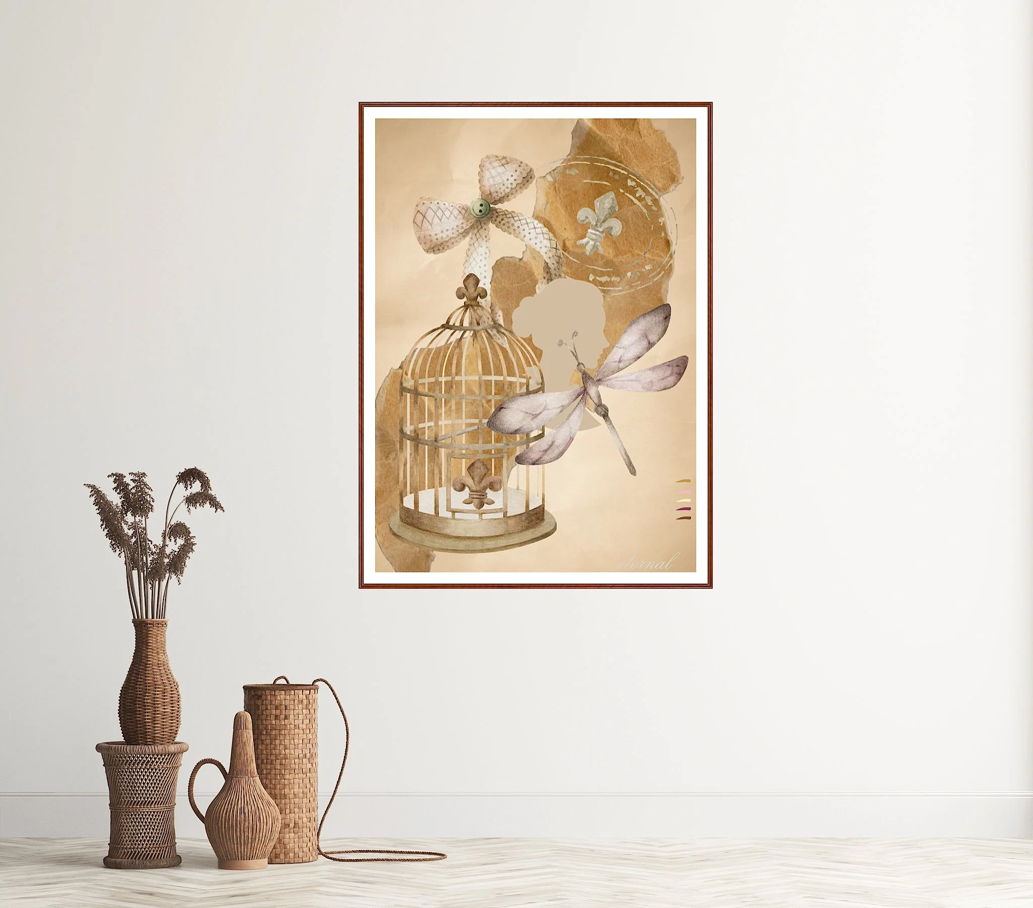 Vintage Birdcage Bow and Dragonfly Wall Art Print, Eternal Artt & Design - Eternal Art & Design