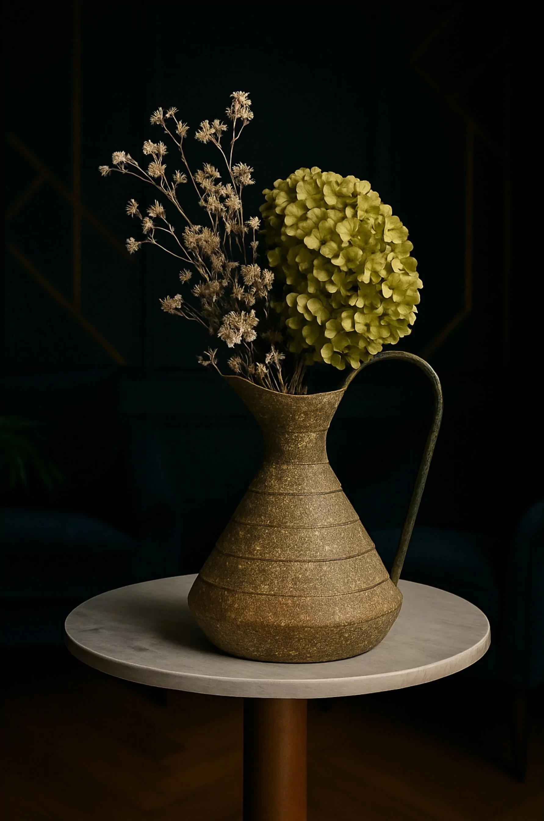A dark background featuring a modern vase with dried flowers on a small round table.