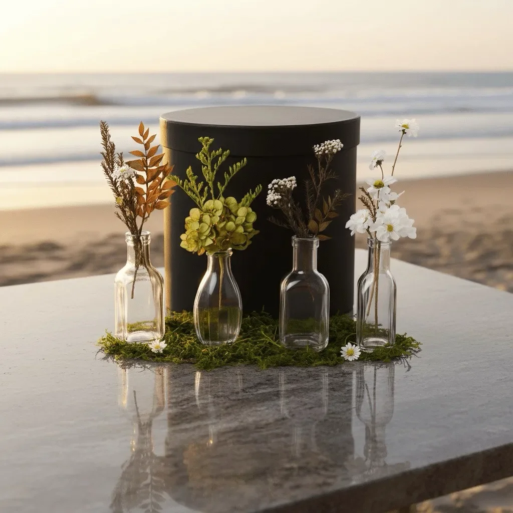 "Love Bud" Bud Vase Styling Set (4 Glass Vases) - Naturally Green & Beige Dried Florals & Mosses - Handcrafted dried & preserved florals