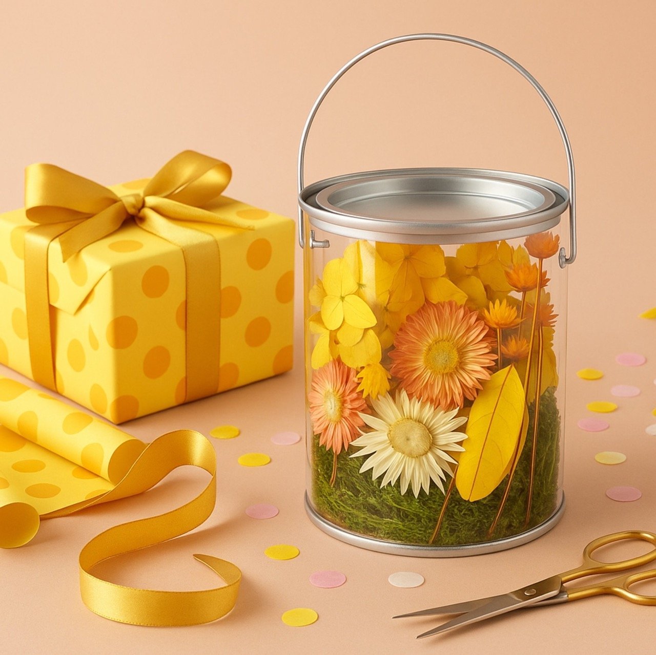 "Love Bud" Dried Flower Gift Tin - Yellow Florals & Forest Mosses (12.5cm) - Eternal Art & Design Sydney - Eternal Art & Design