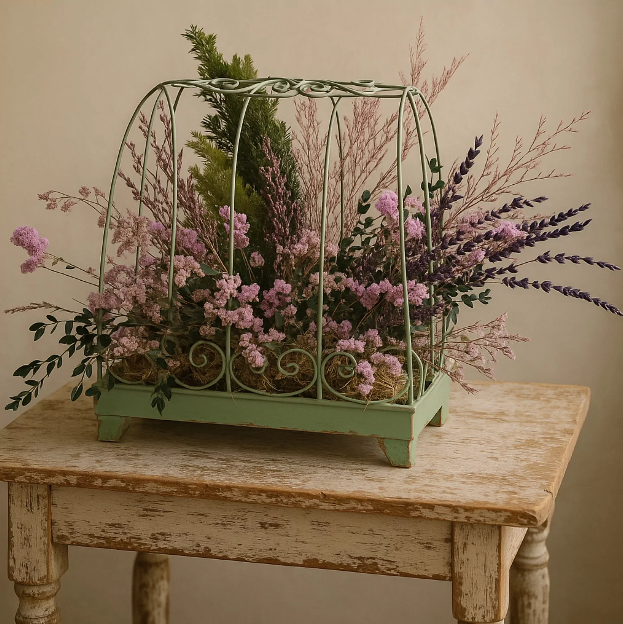 A decorative flower arrangement inside a small, green, vintage-style metal cage with scrollwork, placed on a distressed wooden table.