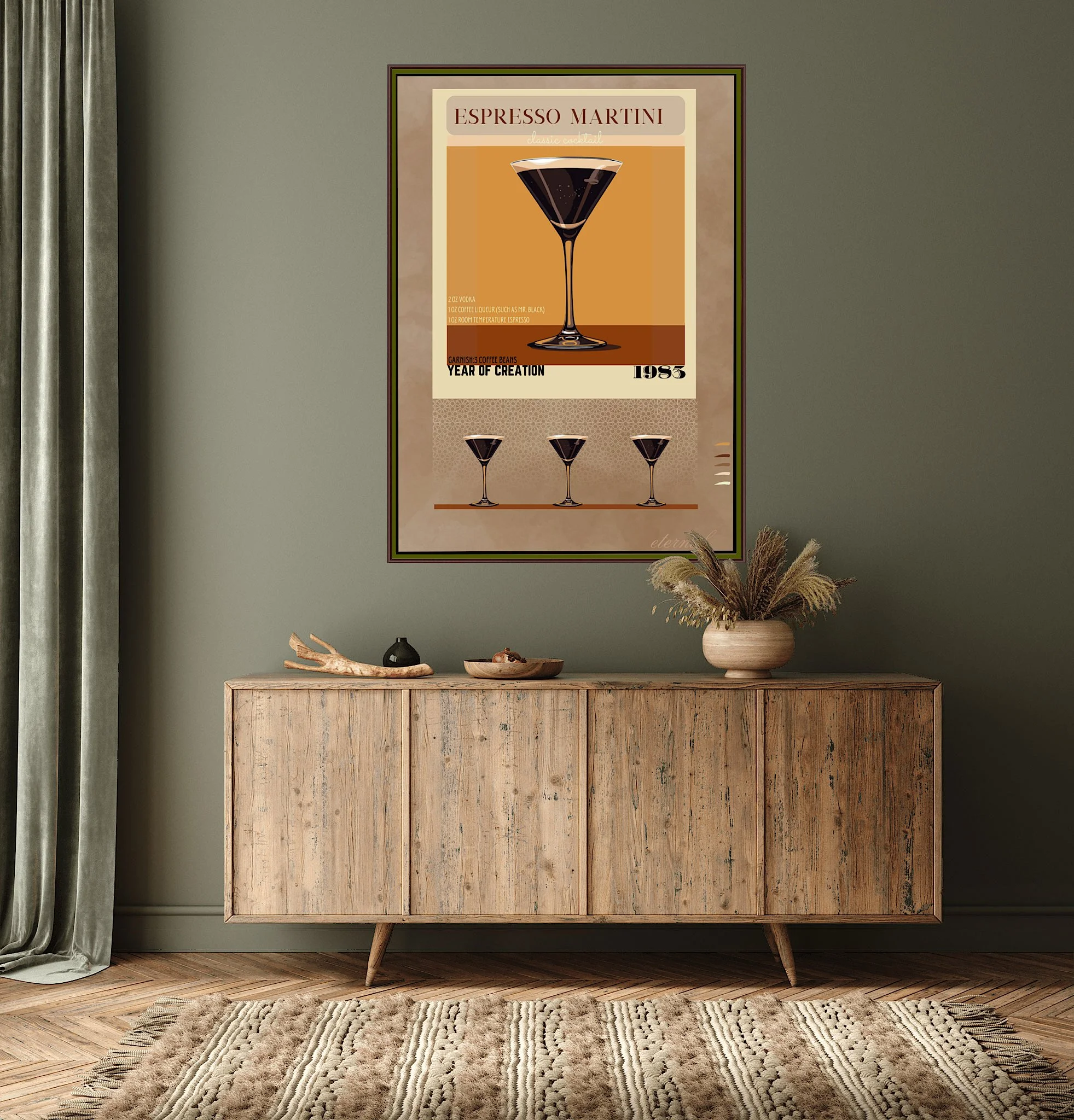 A decorative wall poster featuring an espresso martini recipe above a wooden sideboard with a potted plant, a ceramic bowl, and decorative items in a living room with green walls and a beige rug.
