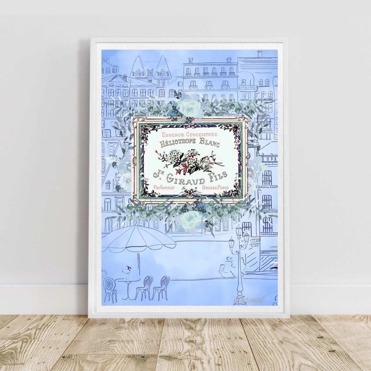 Parisian Cityscape in French Blue Botanical Print - Special Edition Wall Art Eternal Art Prints