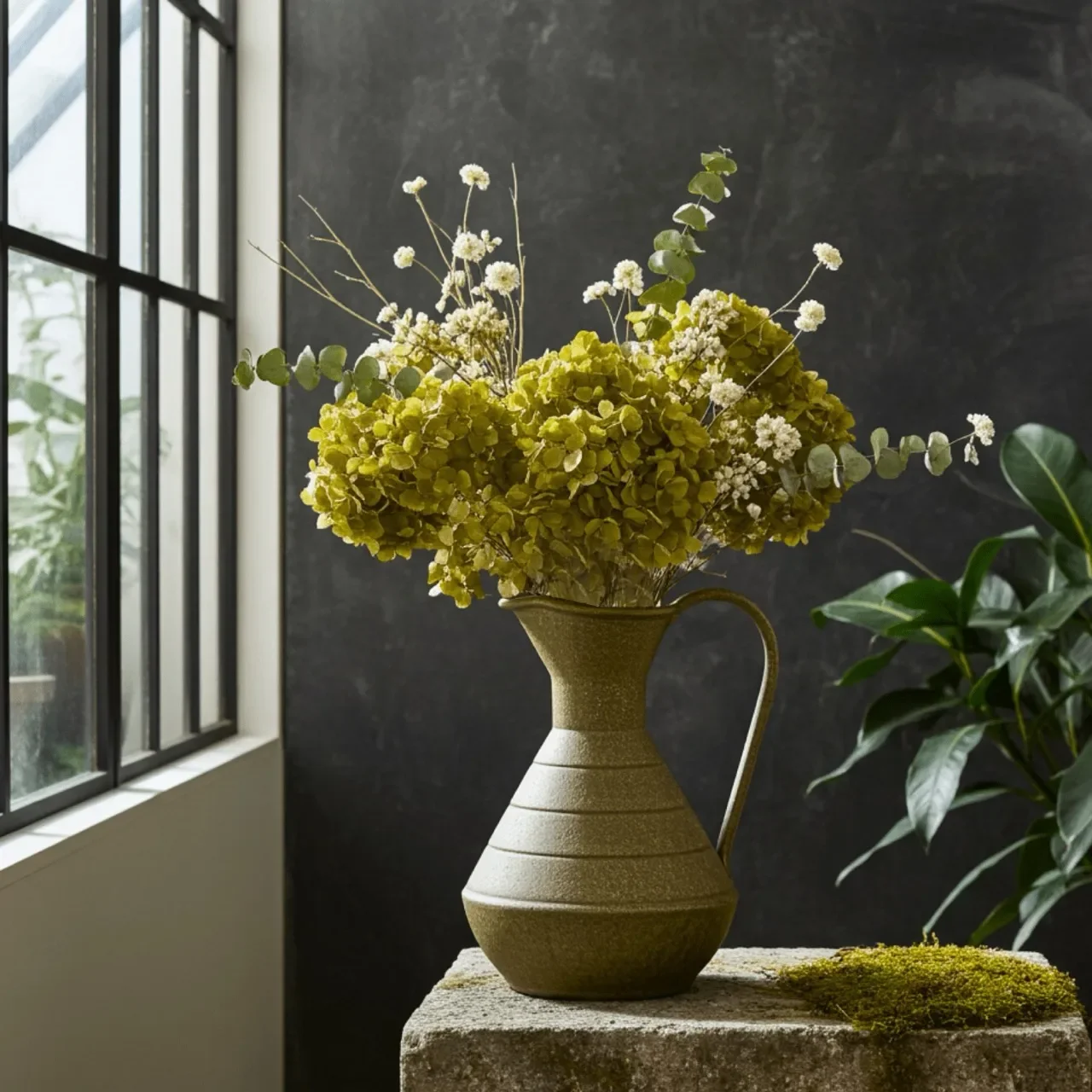 65cm Vintage Dried Hydrangea Floral Arrangement in Vase - Vintage Look Decor - Eternal Art & Design Sydney