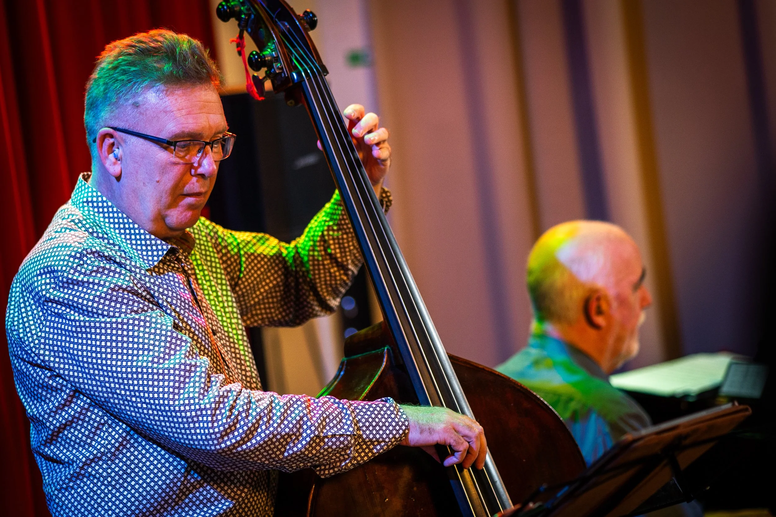 A man playing a double bass during a performance, with a colorful and vibrant lighting setting.