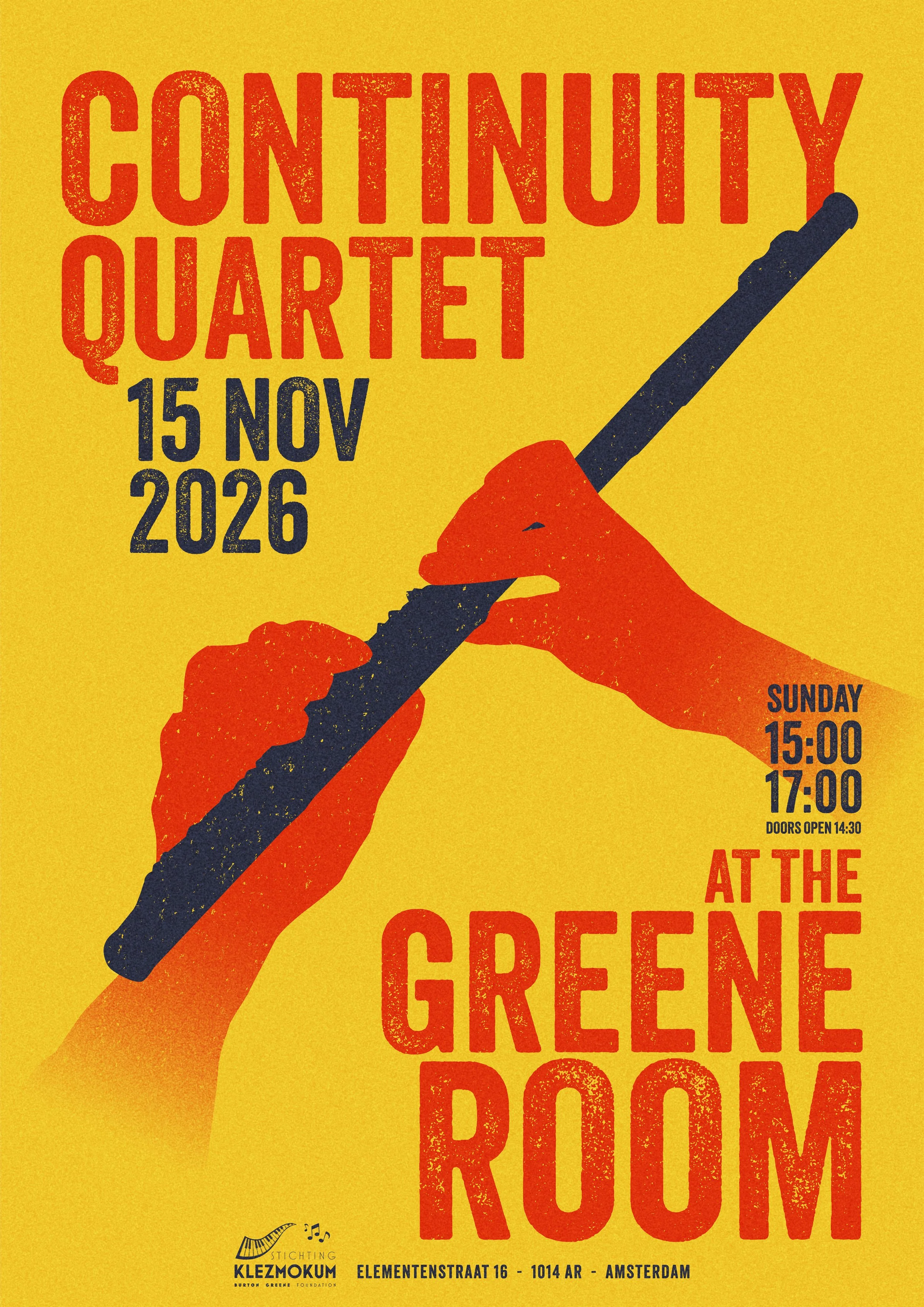 A yellow poster with red and black text promoting a music event featuring a red hand holding a black conductor's baton. The event details include date, time, and venue, with contact information at the bottom.