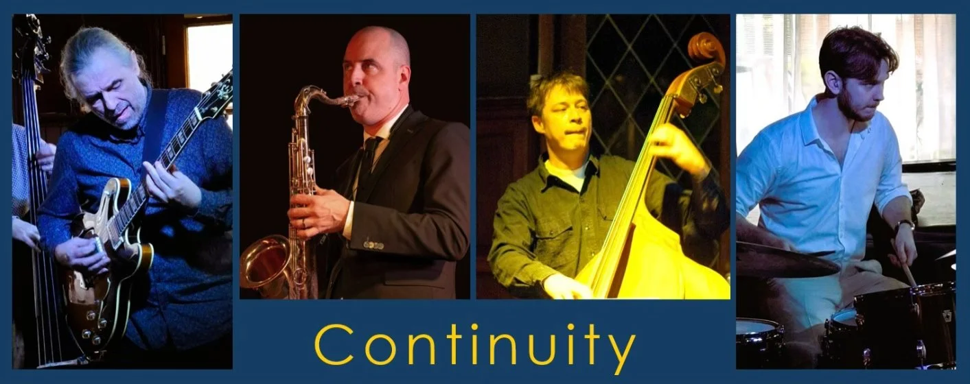 Collage of four musicians playing jazz instruments including guitar, saxophone, double bass, and drums, with the word 'Continuity' written below.