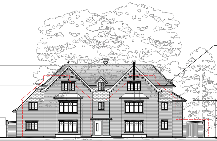 Blueprint drawing of a large, multi-story house with trees in the background.