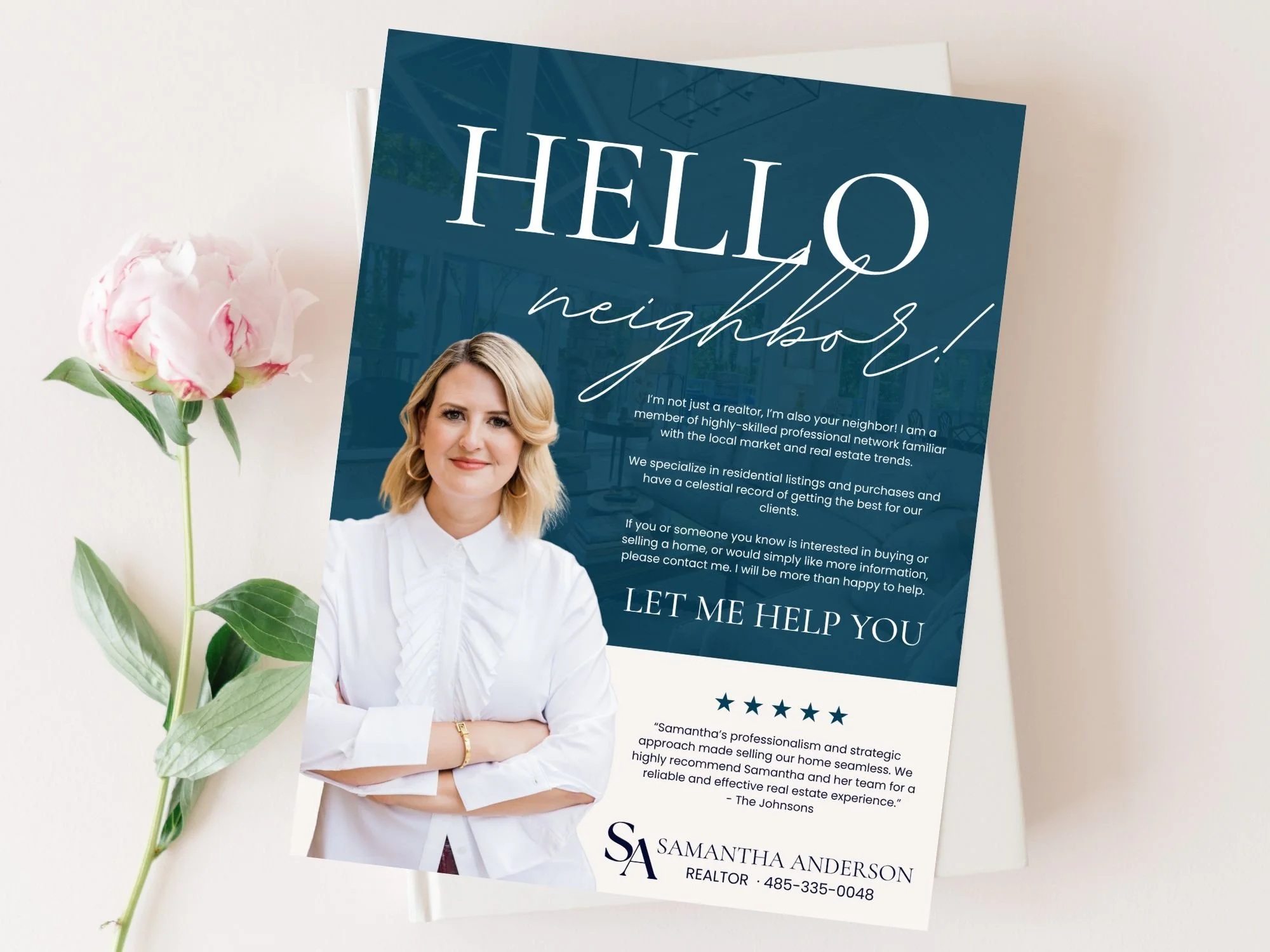 Real estate flyer featuring a woman with blonde hair in a white shirt, smiling, with pink peony flower beside it. The flyer promotes Samantha Anderson, a realtor, with contact information and a testimonial.