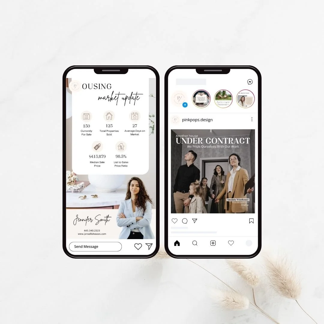 Two smartphones displaying real estate marketing content on a white surface, with dried pampas grass nearby.