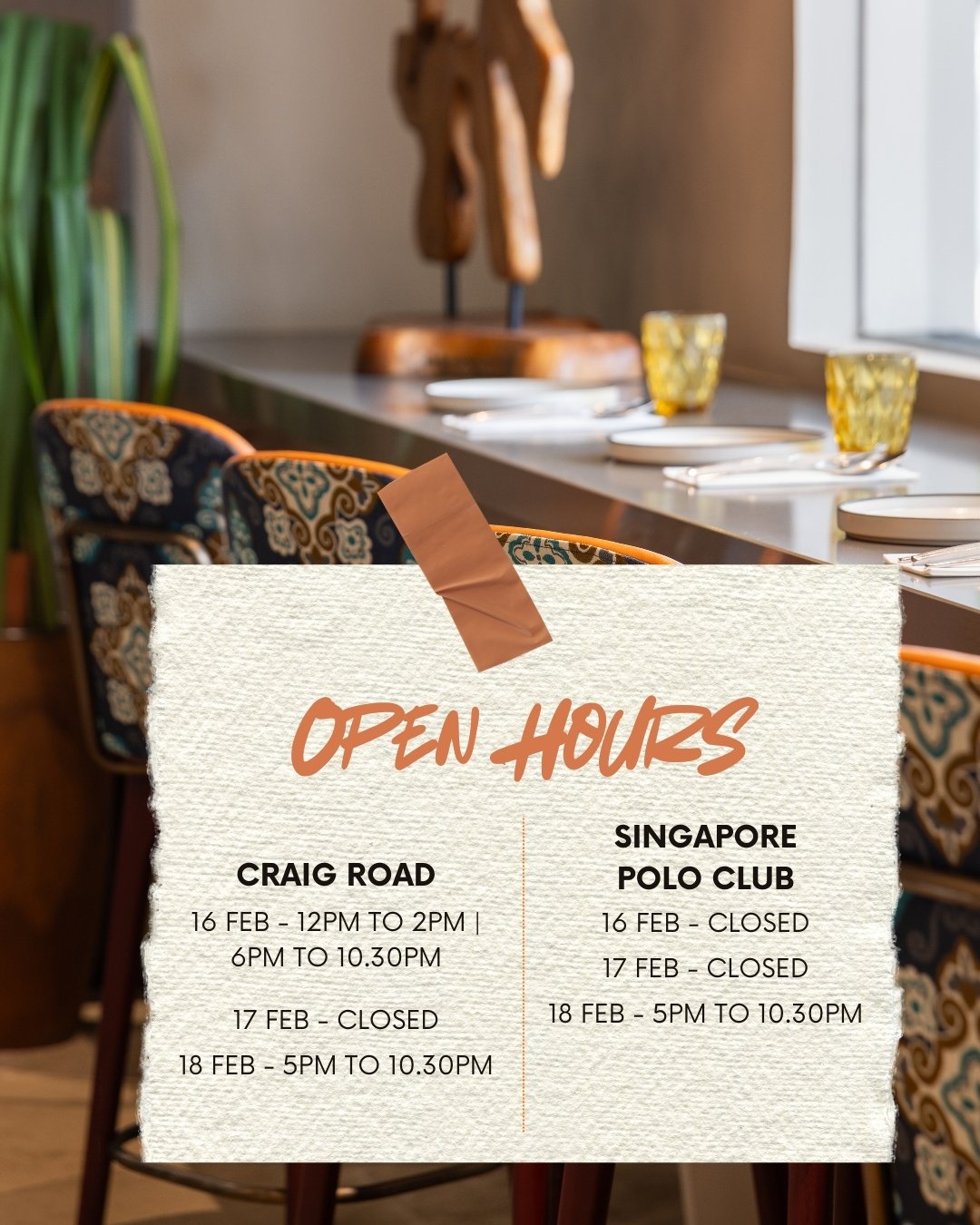 Planning your CNY reunions? To help you celebrate the Year of the Horse, here is a quick guide to our opening hours over the festive period.

Whether you're joining us at Craig Road for a signature meal or heading to the Singapore Polo Club for those