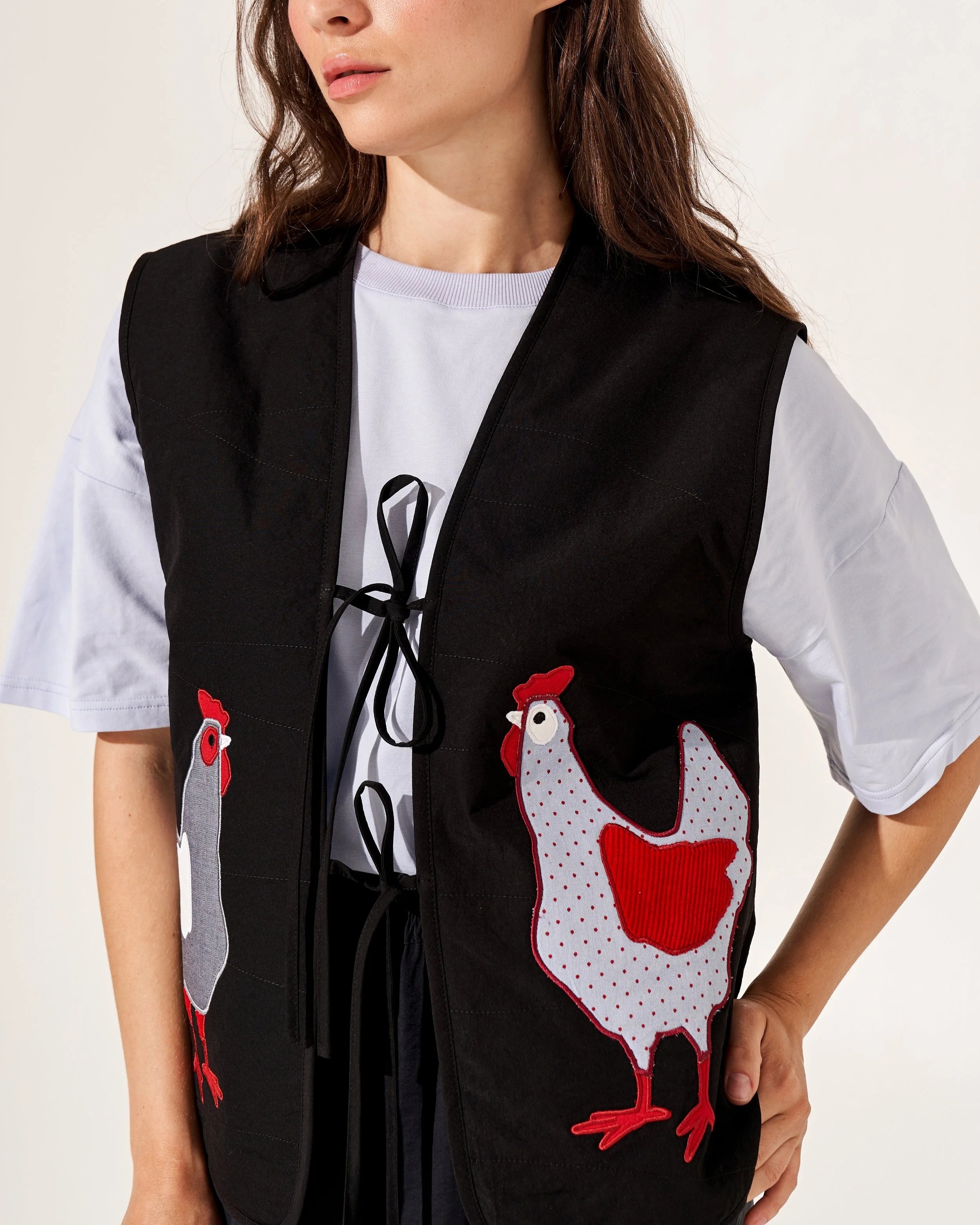Quilted vest with applique Chickens