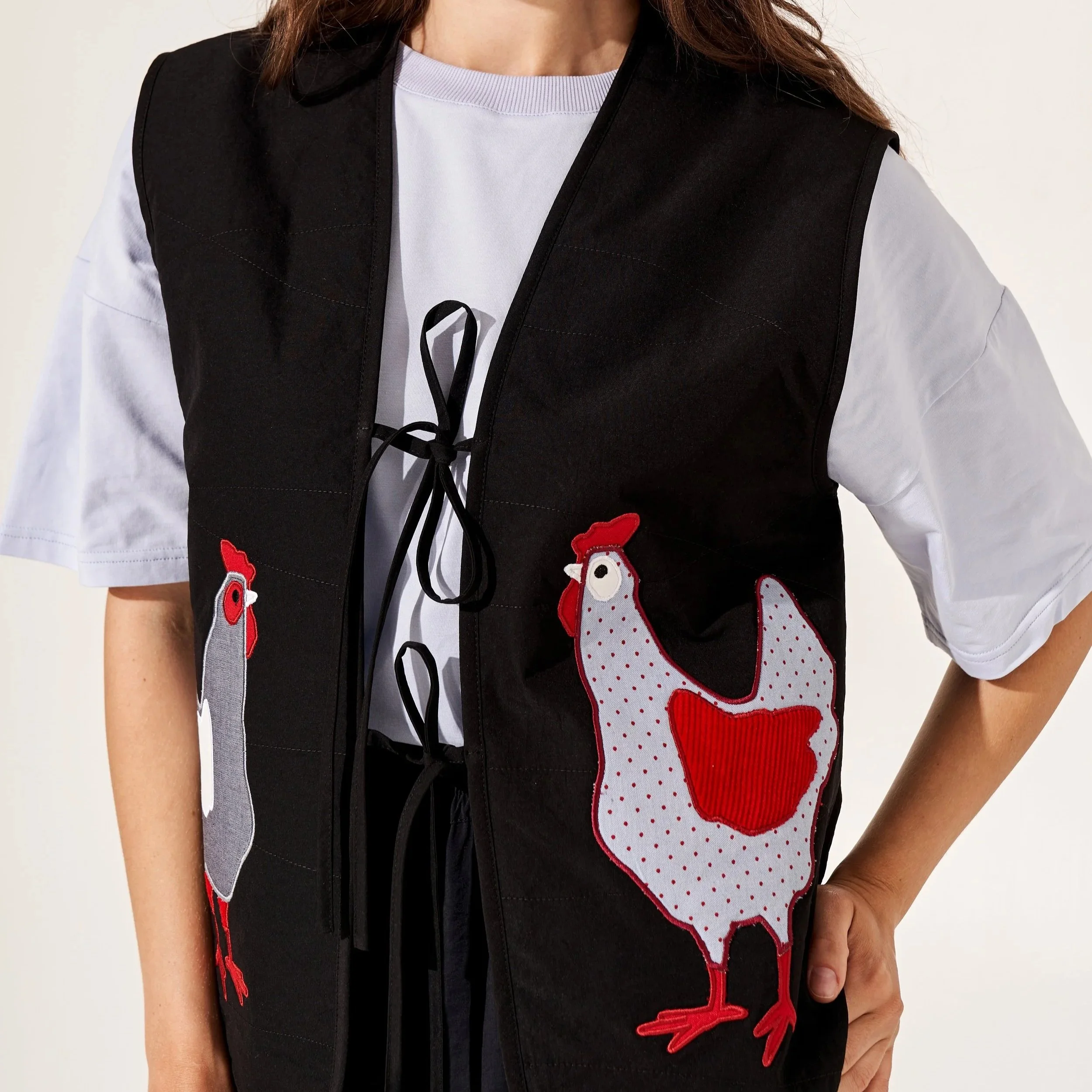 Quilted vest with applique Chickens