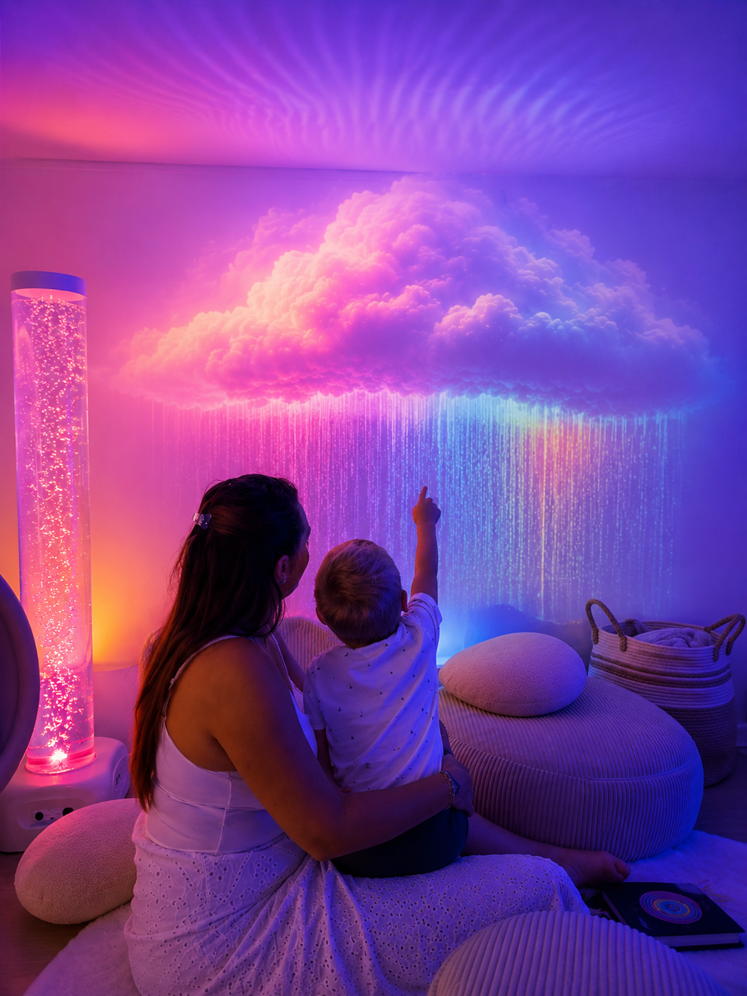 Une mère et son enfant profite de l'approche Snoezelen avec la projection de jeu de lumière et de la colonne à bulle