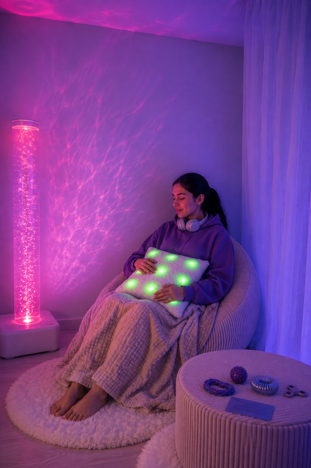 Une adolescente est installée sur un fauteuil de l'esapce Snoezelen et se repose avec un coussin lumineux sur ses jambes