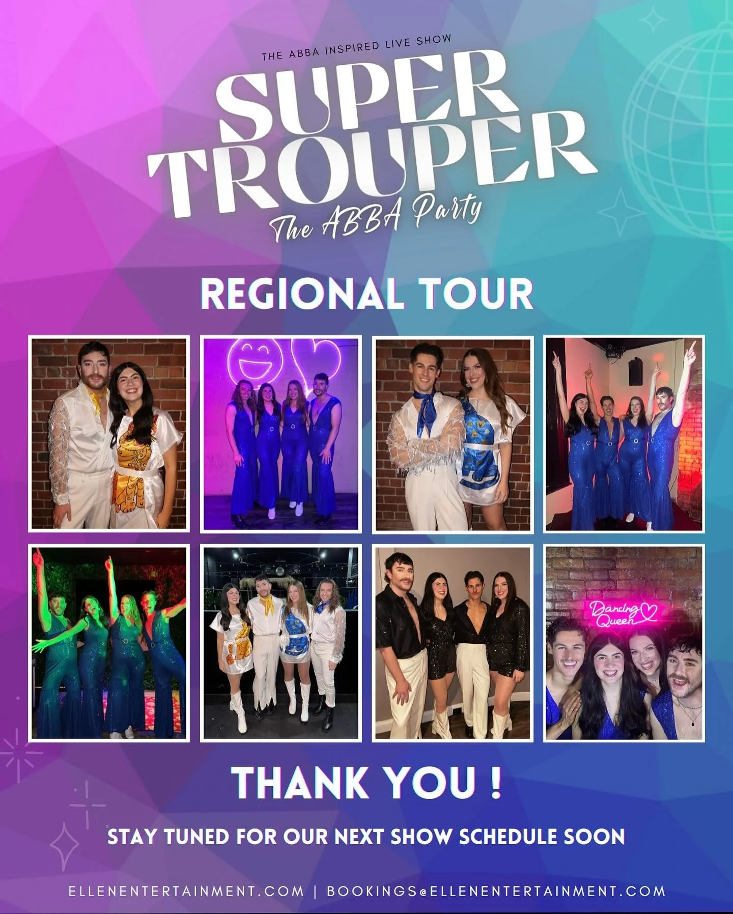 Congratulations to the cast of SUPER TROUPER: THE ABBA PARTY- Last night concluded our Regional Tour, and what a blast it was! 🥳 Thank you to everyone who came along to boogie with us!! 🕺🏼

We can&rsquo;t wait to see where we take this show next! 