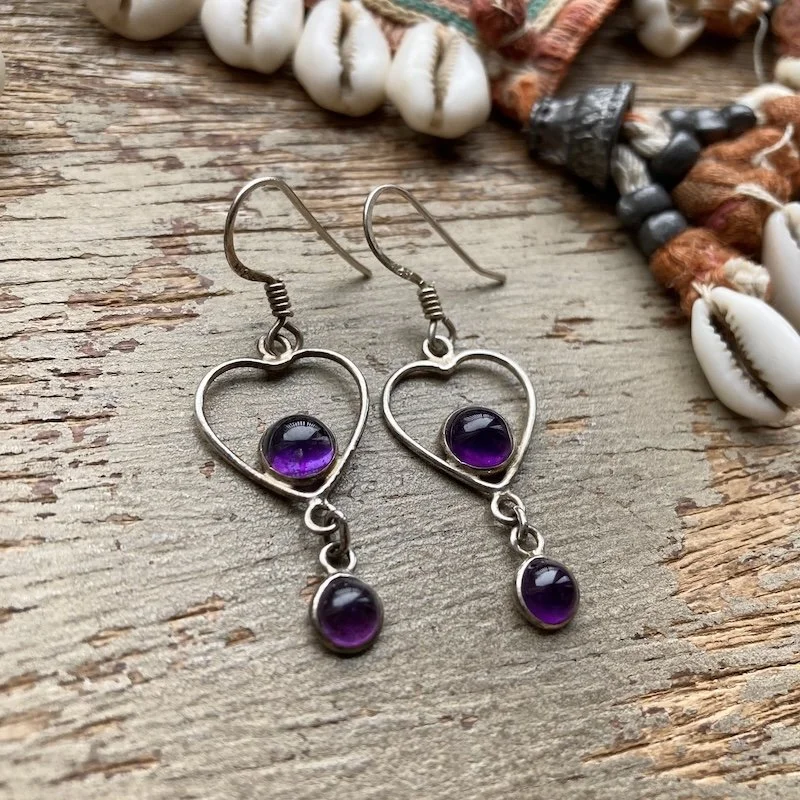 dangly sterling silver and amethyst heart earrings 2.jpeg