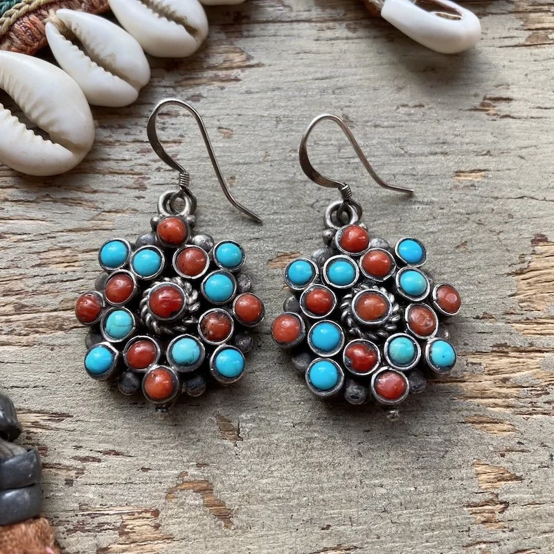 vintage chunky sterling silver, turquoise and red coral earrings 1.jpeg
